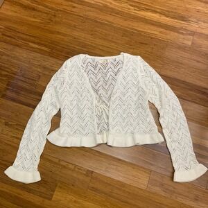 No Comment Crochet Cardigan Womens Size XL Open Front Tie Bell Sleeve Ruffle Hem